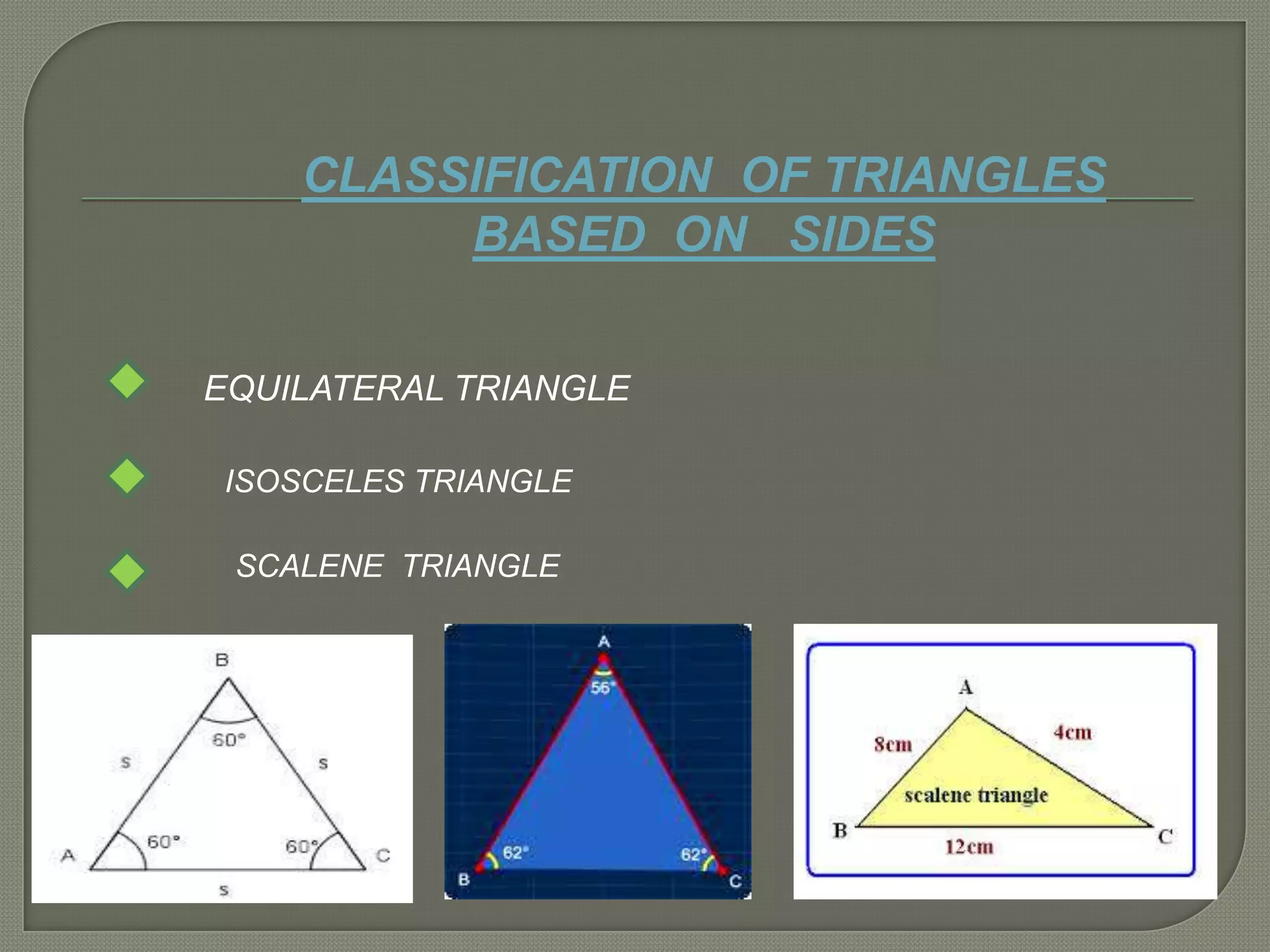 CLASSIFICATION OF TRIANGLES
BASED ON SIDES
EQUILATERAL TRIANGLE
ISOSCELES TRIANGLE
SCALENE TRIANGLE
 