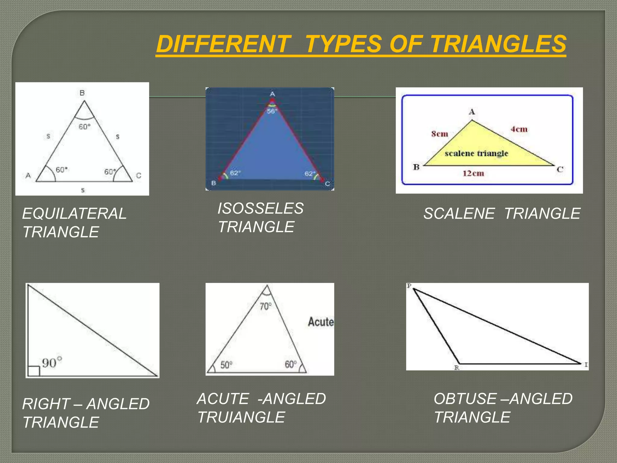 DIFFERENT TYPES OF TRIANGLES
EQUILATERAL
TRIANGLE
ISOSSELES
TRIANGLE
SCALENE TRIANGLE
RIGHT – ANGLED
TRIANGLE
ACUTE -ANGLED
TRUIANGLE
OBTUSE –ANGLED
TRIANGLE
 