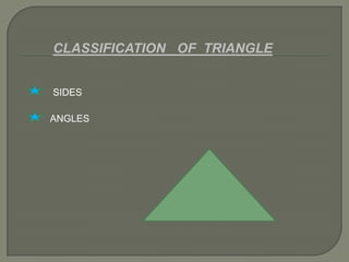 CLASSIFICATION OF TRIANGLE
SIDES
ANGLES
 