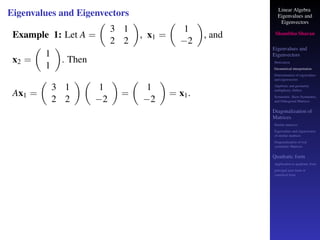 Linear Algebra
Eigenvalues and
Eigenvectors
Shambhu Sharan
Eigenvalues and
Eigenvectors
Motivation
Geometrical interpretation
Determination of eigenvalues
and eigenvectors
Algebraic and geometric
multiplicity, Defect
Symmetric, Skew-Symmetric,
and Orthogonal Matrices
Diagonalization of
Matrices
Similar matrices
Eigenvalues and eigenvectors
of similar matrices
Diagonalization of real
symmetric Matrices
Quadratic form
Application to quadratic form
principal axes form or
canonical form
Eigenvalues and Eigenvectors
Example 1: Let A =

3 1
2 2

, x1 =

1
−2

, and
x2 =

1
1

. Then
Ax1 =

3 1
2 2
 
1
−2

=

1
−2

= x1.
 