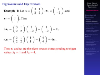 Linear Algebra
Eigenvalues and
Eigenvectors
Shambhu Sharan
Eigenvalues and
Eigenvectors
Motivation
Geometrical interpretation
Determination of eigenvalues
and eigenvectors
Algebraic and geometric
multiplicity, Defect
Symmetric, Skew-Symmetric,
and Orthogonal Matrices
Diagonalization of
Matrices
Similar matrices
Eigenvalues and eigenvectors
of similar matrices
Diagonalization of real
symmetric Matrices
Quadratic form
Application to quadratic form
principal axes form or
canonical form
Eigenvalues and Eigenvectors
Example 1: Let A =

3 1
2 2

, x1 =

1
−2

, and
x2 =

1
1

. Then
Ax1 =

3 1
2 2
 
1
−2

=

1
−2

= x1.
Ax2 =

3 1
2 2
 
1
1

=

4
4

= 4x2.
Thus x1 and x2 are the eigen vectors corresponding to eigen
values λ1 = 1 and λ2 = 4.
 