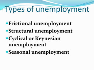 Types of unemployment
Frictional unemployment
Structural unemployment
Cyclical or Keynesian
 unemployment
Seasonal unemployment
 