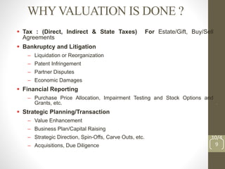 WHYVALUATION IS DONE ?
 Tax : (Direct, Indirect & State Taxes) For Estate/Gift, Buy/Sell
Agreements
 Bankruptcy and Litigation
– Liquidation or Reorganization
– Patent Infringement
– Partner Disputes
– Economic Damages
 Financial Reporting
– Purchase Price Allocation, Impairment Testing and Stock Options and
Grants, etc.
 Strategic Planning/Transaction
– Value Enhancement
– Business Plan/Capital Raising
– Strategic Direction, Spin-Offs, Carve Outs, etc.
– Acquisitions, Due Diligence
.
10/4
9
 
