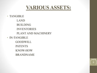 VARIOUSASSETS:
• TANGIBLE
LAND
BUILDING
INVENTORIES
PLANT AND MACHINERY
• IN-TANGIBLE
GOODWILL
PATENTS
KNOW-HOW
BRANDNAME
14/4
9
 