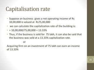 Capitalisation rate
• Suppose an business gives a net operating income of Rs
10,00,000 is valued at Rs75,00,000
• we can calculate the capitalization rate of the building is:
• = 10,00,000/75,00,000 = 13.33%
• Thus, if the business is sold for 75 lakh, it can also be said that
the business was sold at a 13.33% capitalization rate.
or
Acquiring firm on an investment of 75 lakh can earn an income
of 13.33%
35
 
