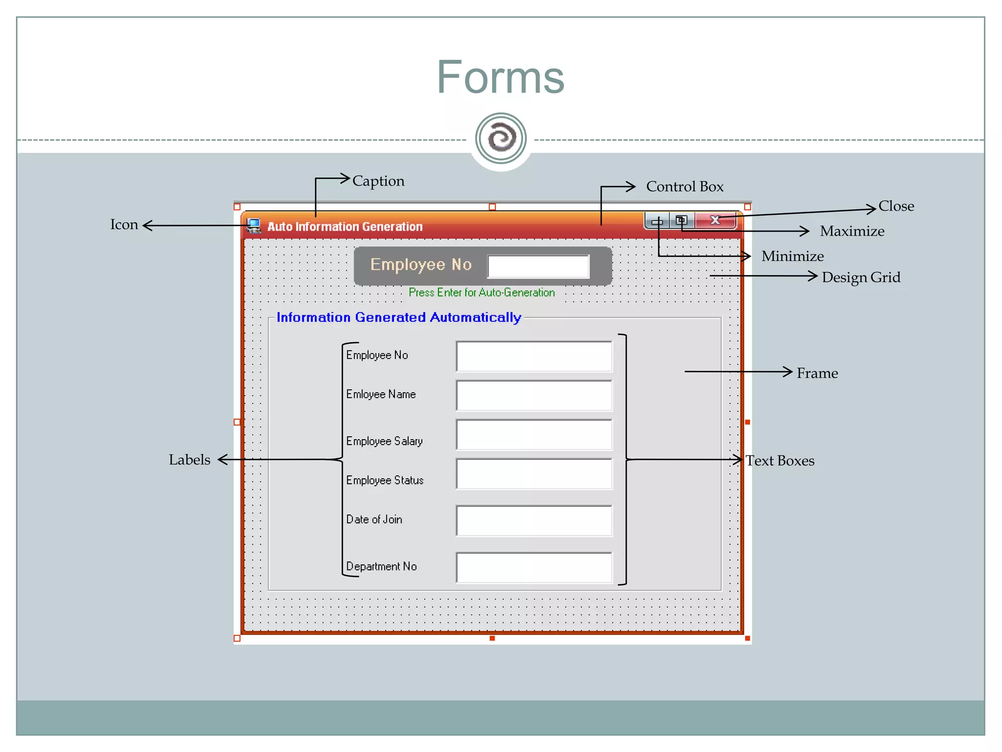 Forms
Design Grid
Control BoxCaption
Icon
Labels
Frame
Text Boxes
Minimize
Maximize
Close
 