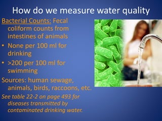 How do we measure water quality
Bacterial Counts: Fecal
coliform counts from
intestines of animals
• None per 100 ml for
drinking
• >200 per 100 ml for
swimming
Sources: human sewage,
animals, birds, raccoons, etc.
See table 22-2 on page 493 for
diseases transmitted by
contaminated drinking water.
 