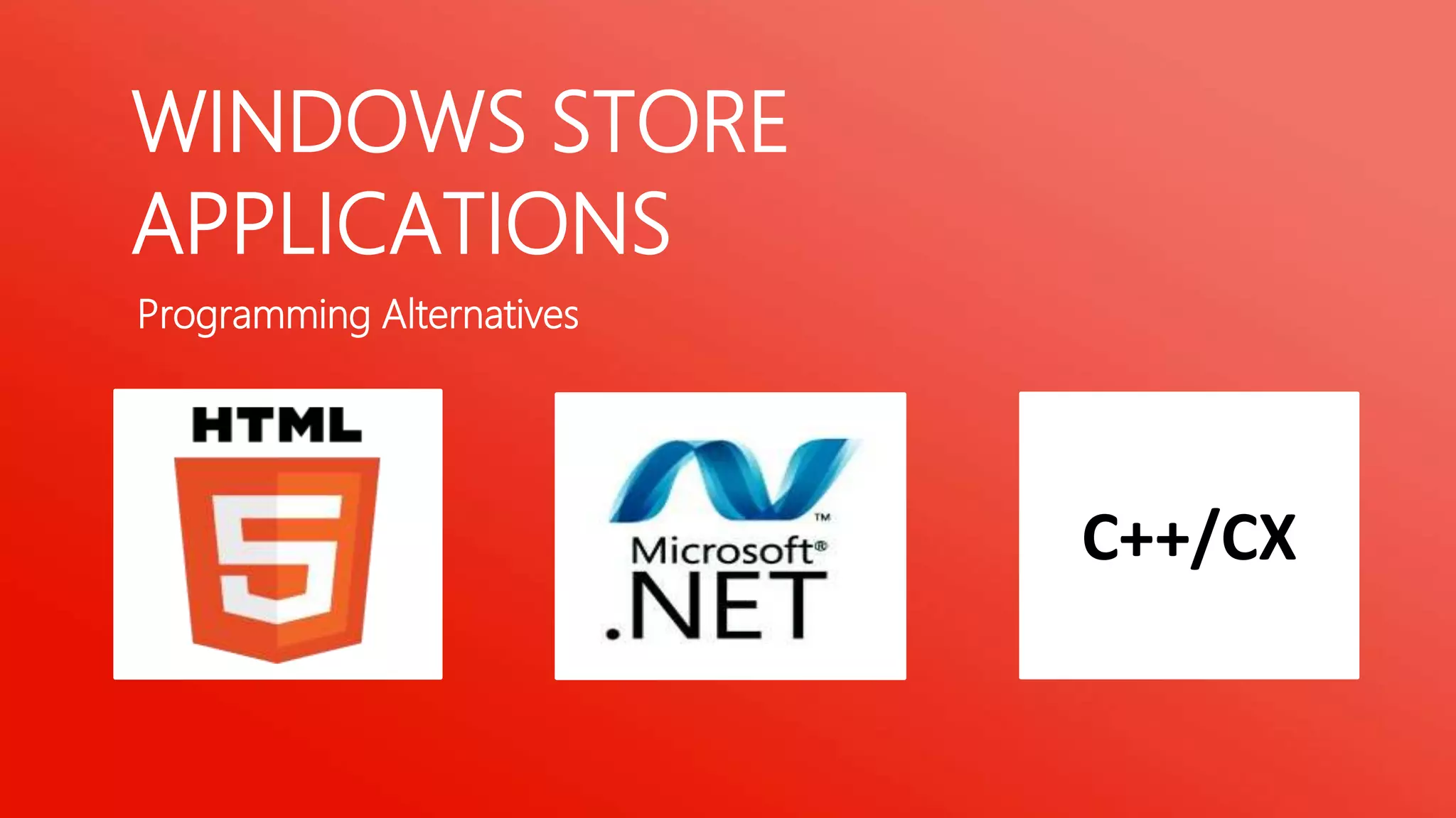 WINDOWS STORE
APPLICATIONS
Programming Alternatives

C++/CX

 