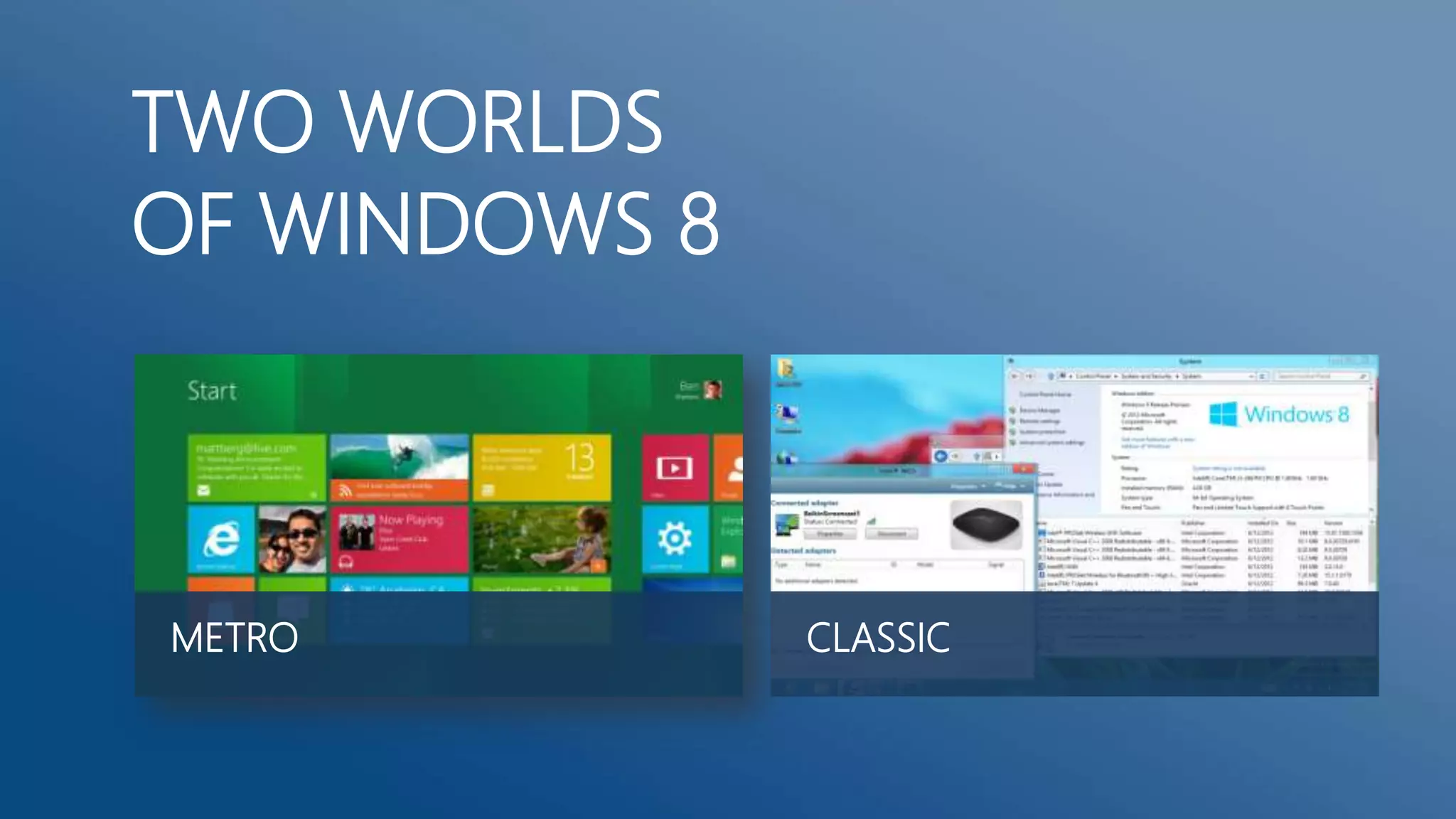 TWO WORLDS
OF WINDOWS 8

METRO

CLASSIC

 