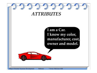 ATTRIBUTES
I am a Car.
I know my color,
manufacturer, cost,
owner and model.
Object-Oriented Systems Development Bahrami ? Irwin/ McGraw-Hill
 