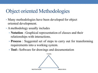 Object oriented Methodologies
• Many methodologies have been developed for object
oriented development.
• Amethodology usually includes
• Notation : Graphical representation of classes and their
relationships with interactions.
• Process : Suggested set of steps to carry out for transforming
requirements into a working system.
• Tool : Software for drawings and documentation
 