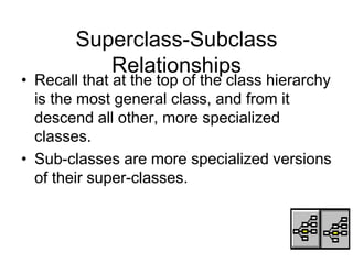 Superclass-Subclass
Relationships
• Recall that at the top of the class hierarchy
is the most general class, and from it
descend all other, more specialized
classes.
• Sub-classes are more specialized versions
of their super-classes.
 