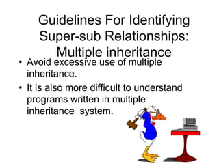 Guidelines For Identifying
Super-sub Relationships:
Multiple inheritance
• Avoid excessive use of multiple
inheritance.
• It is also more difficult to understand
programs written in multiple
inheritance system.
 