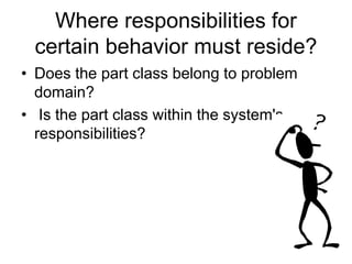Where responsibilities for
certain behavior must reside?
• Does the part class belong to problem
domain?
• Is the part class within the system's
responsibilities?
 
