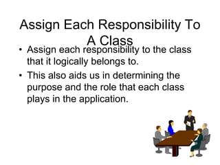 Assign Each Responsibility To
A Class
• Assign each responsibility to the class
that it logically belongs to.
• This also aids us in determining the
purpose and the role that each class
plays in the application.
 