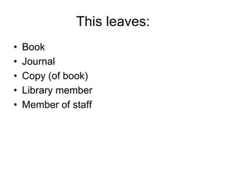 This leaves:
• Book
• Journal
• Copy (of book)
• Library member
• Member of staff
 