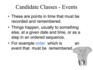 Candidate Classes - Events
• These are points in time that must be
recorded and remembered.
• Things happen, usually to something
else, at a given date and time, or as a
step in an ordered sequence.
• For example order which is an
event that must be remembered.
 