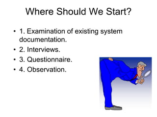 Where Should We Start?
• 1. Examination of existing system
documentation.
• 2. Interviews.
• 3. Questionnaire.
• 4. Observation.
 