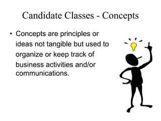 Candidate Classes - Concepts
• Concepts are principles or
ideas not tangible but used to
organize or keep track of
business activities and/or
communications.
 