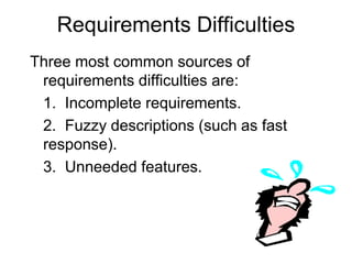 Requirements Difficulties
Three most common sources of
requirements difficulties are:
1. Incomplete requirements.
2. Fuzzy descriptions (such as fast
response).
3. Unneeded features.
 