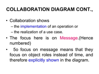 COLLABORATION DIAGRAM CONT.,
• Collaboration shows
– the implementation of an operation or
– the realization of a use case.
• The focus here is on Message.(Hence
numbered)
• 5o focus on message means that they
focus on object roles instead of time, and
therefore explicitly shown in the diagram.
 