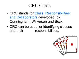 CRC Cards
• CRC stands for Class, Responsibilities
and Collaborators developed by
Cunningham, Wilkerson and Beck.
• CRC can be used for identifying classes
and their responsibilities.
 
