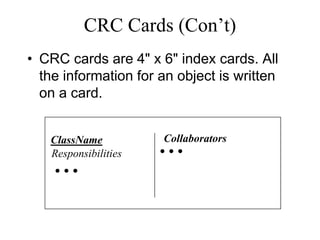 CRC Cards (Con’t)
• CRC cards are 4" x 6" index cards. All
the information for an object is written
on a card.
ClassName Collaborators
...
...Responsibilities
 
