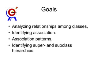 Goals
• Analyzing relationships among classes.
• Identifying association.
• Association patterns.
• Identifying super- and subclass
hierarchies.
 