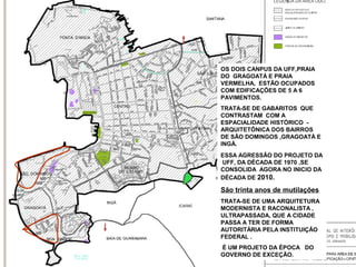OS DOIS CANPUS DA UFF,PRAIA
DO GRAGOATÁ E PRAIA
VERMELHA, ESTÃO OCUPADOS
COM EDIFICAÇÕES DE 5 A 6
PAVIMENTOS.
TRATA-SE DE GABARITOS QUE
CONTRASTAM COM A
ESPACIALIDADE HISTÓRICO ARQUITETÔNICA DOS BAIRROS
DE SÃO DOMINGOS ,GRAGOATÁ E
INGÁ.
ESSA AGRESSÃO DO PROJETO DA
UFF, DA DÉCADA DE 1970 ,SE
CONSOLIDA AGORA NO INICIO DA
DÉCADA DE 2010.

São trinta anos de mutilações
TRATA-SE DE UMA ARQUITETURA
MODERNISTA E RACONALISTA ,
ULTRAPASSADA, QUE A CIDADE
PASSA A TER DE FORMA
AUTORITÁRIA PELA INSTITUIÇÃO
FEDERAL .
È UM PROJETO DA ÉPOCA DO
GOVERNO DE EXCEÇÃO.

 