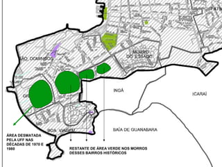 ÁREA DESMATADA
PELA UFF NAS
DÉCADAS DE 1970 E
1980

RESTANTE DE ÁREA VERDE NOS MORROS
DESSES BAIRROS HISTÓRICOS

 