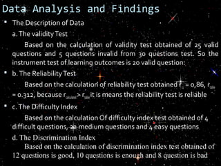 Data Analysis and Findings
 The Description of Data

a. The validity Test
Based on the calculation of validity test obtained of 25 valid
questions and 5 questions invalid from 30 questions test. So the
instrument test of learning outcomes is 20 valid question.
 b. The Reliability Test
Based on the calculation of reliability test obtained r11 = 0,86, rtable
= 0.312, because rcalculated > rtable it is means the reliability test is reliable
 c. The Difficulty Index

Based on the calculation Of difficulty index test obtained of 4
difficult questions, 22 medium questions and 4 easy questions
d. The Discrimination Index
Based on the calculation of discrimination index test obtained of
12 questions is good, 10 questions is enough and 8 question is bad

 