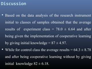 Discussion
 Based on the data analysis of the research instrument

initial to classes of samples obtained that the average
results of experiment class = 78.0 ± 6.64 and after
being given the implementation of cooperative learning
by giving initial knowledge = 87 ± 4.97.
 While for control class the average results = 64.3 ± 8.78

and after being cooperative learning without by giving
initial knowledge 82 ± 6.18.

 