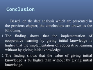 Conclusion
Based on the data analysis which are presented in
the previous chapter, the conclusions are drawn as the
following:
1. The finding shows that the implementation of
cooperative learning by giving initial knowledge is
higher that the implementation of cooperative learning
without by giving initial knowledge.
2. The finding shows that the value of giving initial
knowledge is 87 higher than without by giving initial
knowledge.

 