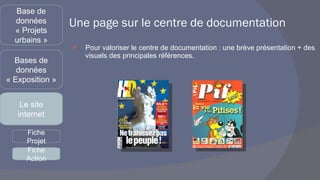 Une page sur le centre de documentation Pour valoriser le centre de documentation : une brève présentation + des visuels des principales références. Base de données « Projets urbains » Bases de données « Exposition » Le site internet Fiche Projet Fiche Action 