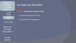 La base de données Une base de données locale Bornes informatiques ( Photos) Documents écrits, graphiques Base de données « Projets urbains » Bases de données « Exposition » Le site internet Fiche Projet Fiche Action Fiche Type 