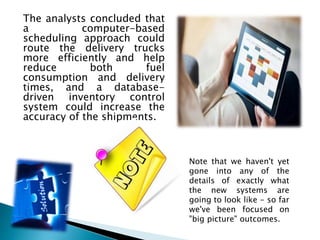 The analysts concluded that
a computer-based
scheduling approach could
route the delivery trucks
more efficiently and help
reduce both fuel
consumption and delivery
times, and a database-
driven inventory control
system could increase the
accuracy of the shipments.
Note that we haven't yet
gone into any of the
details of exactly what
the new systems are
going to look like - so far
we've been focused on
"big picture" outcomes.
 