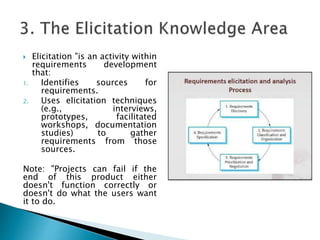  Elicitation "is an activity within
requirements development
that:
1. Identifies sources for
requirements.
2. Uses elicitation techniques
(e.g., interviews,
prototypes, facilitated
workshops, documentation
studies) to gather
requirements from those
sources.
Note: "Projects can fail if the
end of this product either
doesn't function correctly or
doesn't do what the users want
it to do.
 