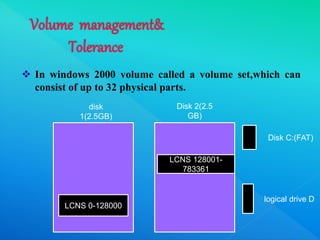  In windows 2000 volume called a volume set,which can
consist of up to 32 physical parts.
LCNS 0-128000
LCNS 128001-
783361
Disk C:(FAT)
logical drive D
disk
1(2.5GB)
Disk 2(2.5
GB)
 
