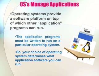 OS’s Manage Applications
•Operating systems provide
a software platform on top
of which other “application”
programs can run.
•The application programs
must be written to run on a
particular operating system.
•So, your choice of operating
system determines what
application software you can
run.
 