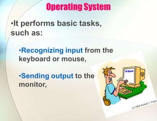 Operating System
•It performs basic tasks,
such as:
•Recognizing input from the
keyboard or mouse,
•Sending output to the
monitor,
 