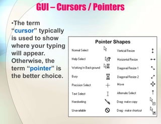 GUI – Cursors / Pointers
•The term
“cursor” typically
is used to show
where your typing
will appear.
Otherwise, the
term “pointer” is
the better choice.
 