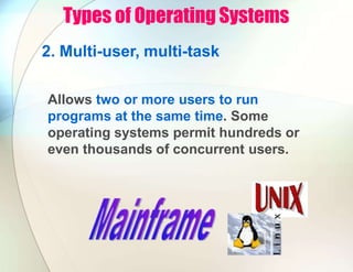 Types of Operating Systems
2. Multi-user, multi-task
Allows two or more users to run
programs at the same time. Some
operating systems permit hundreds or
even thousands of concurrent users.
 
