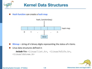 1.45 Silberschatz, Galvin and Gagne ©2013
Operating System Concepts – 9th Edition
Kernel Data Structures
 Hash function can create a hash map
 Bitmap – string of n binary digits representing the status of n items
 Linux data structures defined in
include files <linux/list.h>, <linux/kfifo.h>,
<linux/rbtree.h>
 