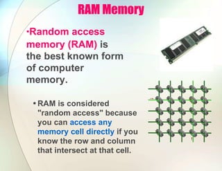 RAM Memory
•Random access
memory (RAM) is
the best known form
of computer
memory.
•RAM is considered
"random access" because
you can access any
memory cell directly if you
know the row and column
that intersect at that cell.
 