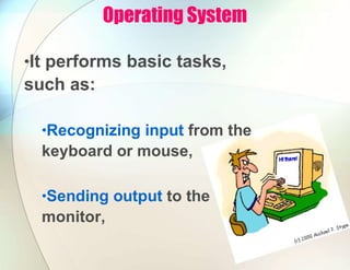 Operating System
•It performs basic tasks,
such as:
•Recognizing input from the
keyboard or mouse,
•Sending output to the
monitor,
 