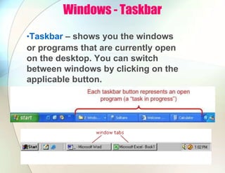 Windows - Taskbar
•Taskbar – shows you the windows
or programs that are currently open
on the desktop. You can switch
between windows by clicking on the
applicable button.
 
