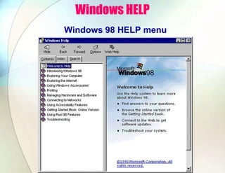 Windows HELP
Windows 98 HELP menu
 