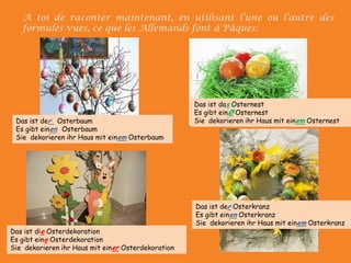 A toi de raconter maintenant, en utilisant l’une ou l’autre des formules vues, ce que les Allemands font à Pâques:DasistdasOsternestEs gibteinØOsternestSiedekorierenihrHausmit einemOsternestDasistder OsterbaumEs gibteinenOsterbaumSiedekorierenihrHausmit einemOsterbaumDasist derOsterkranzEs gibteinenOsterkranzSiedekorierenihrHausmit einemOsterkranzDasist dieOsterdekorationEs gibteineOsterdekorationSiedekorierenihrHausmit einerOsterdekoration