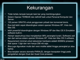 Kekurangan
• Tidak terlalu tampak banyak task bar yang membingungkan.
• Sistem Operasi TERBAIK dan definitif baik untuk Personal Komputer dan
Server.
• 100 persen GRATIS untuk penggunaan pribadi dan komersial bisnis.
• Dua kali lebih cepat dibandingkan sistem operasi Windows XP, Vista dan
Mac OS.
• lebih powerfull disandingkan dengan Windows XP dan Mac OS X Emulation
software built-in.
• Hampir sepenuhnya bisa menjalankan 99% perangkat lunak ( Software) asli
dan dari semua sistem operasi Windows XP, Vista dan Mac OS X software.
• Requirement minimal untuk kebutuhan hardware adalah 600MHz prosesor,
disk space 1,5gb dan ram hanya 256 mb saja.
• Bisa juga digunakan mulai dari versi mobile tablet hingga perangkat pc atau
laptop.
• Bisa berjalan secara otomatis PARALEL dengan kecepatan tinggi pada
pengolahan dengan Dual dan Quad Core prosesor.
 