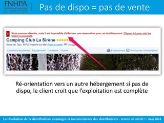 Pas de dispo = pas de vente
Ré-orientation vers un autre hébergement si pas de
dispo, le client croit que l’exploitation est complète
 